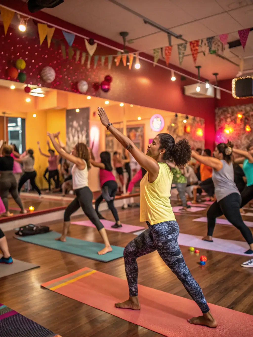 A photograph of a diverse group of people happily participating in a group fitness class at Hideaway USA, showcasing community and inclusivity.