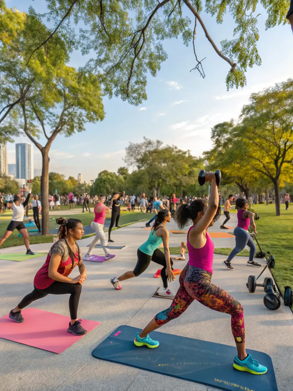 A photograph of a diverse group of people participating in a group fitness class outdoors, with a focus on community and inclusivity.