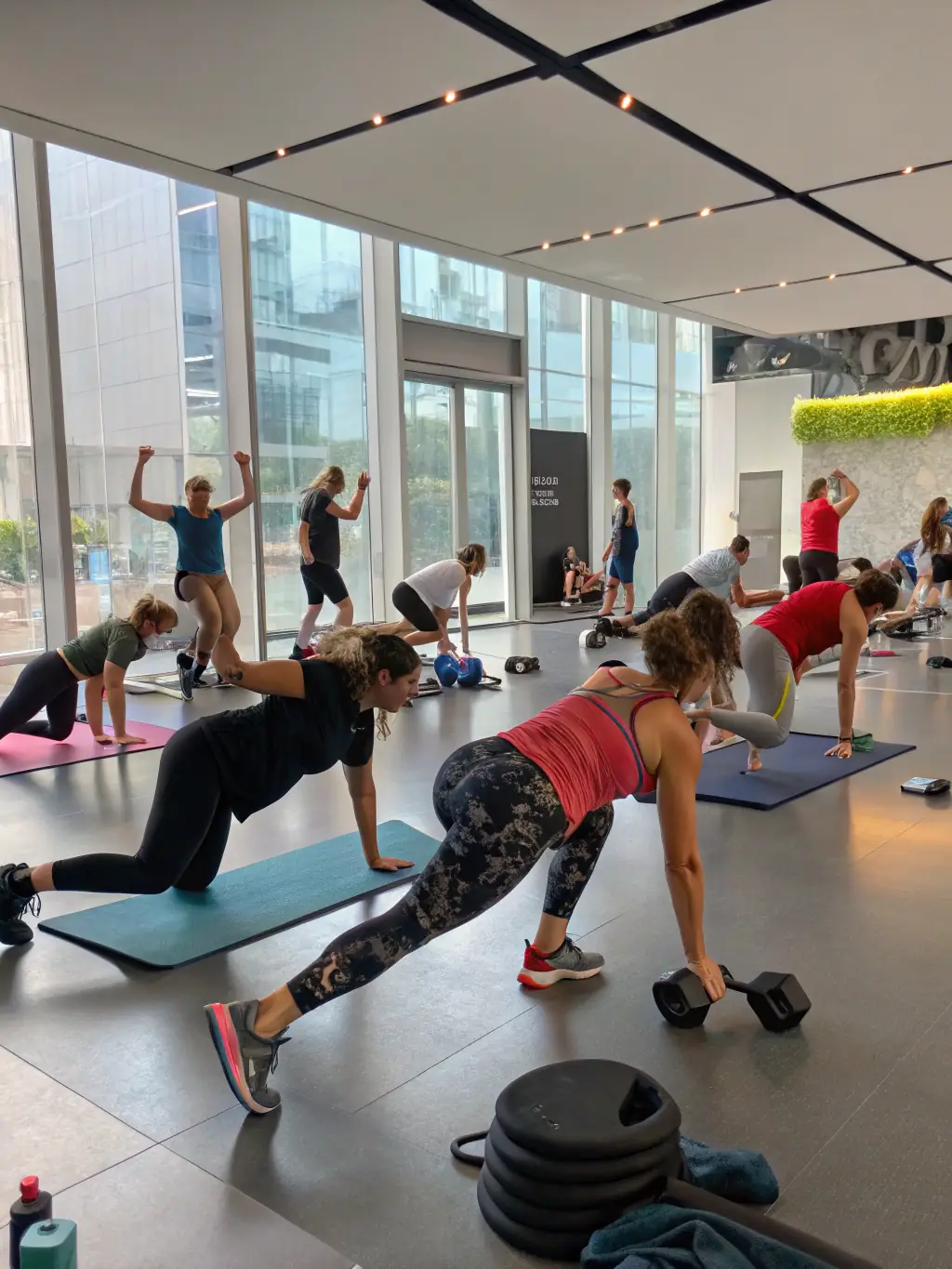 A diverse group of people participating in a group fitness class, highlighting the community aspect of Hideaway USA's services.